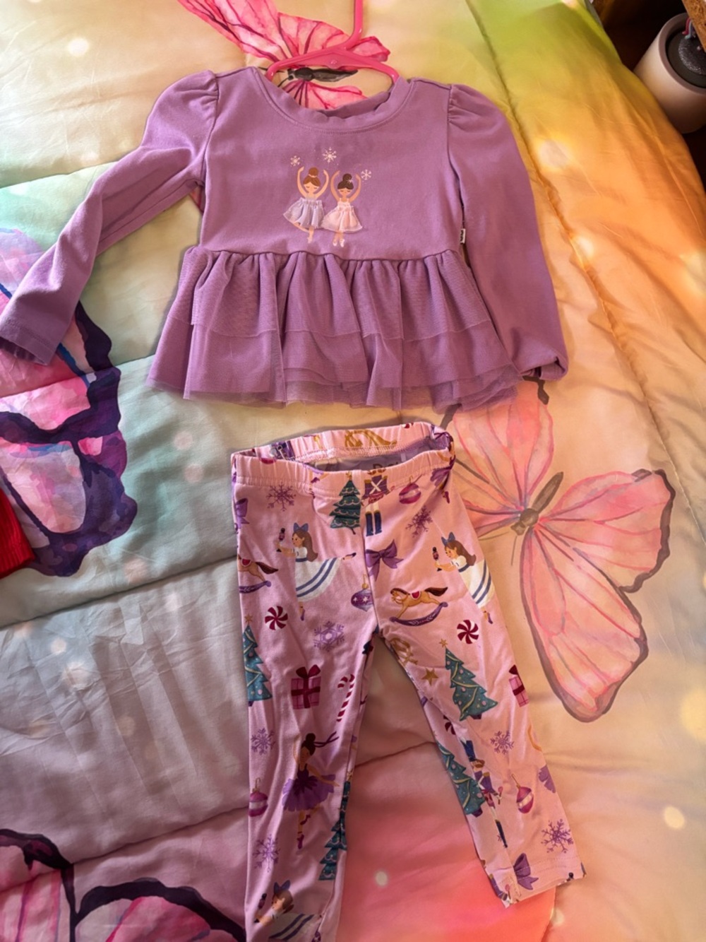 Little Sleepies Purple Ballet Ruffle Top & Holiday Print Leggings Set